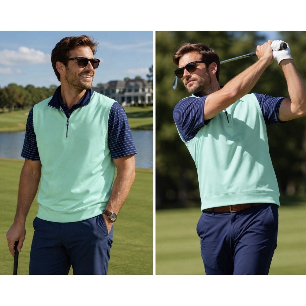 MENS FAIRWAY & GREENE F&G TECH GREEN/BLUE SLEEVELESS 1/4 ZIP GOLF VEST X LARGE